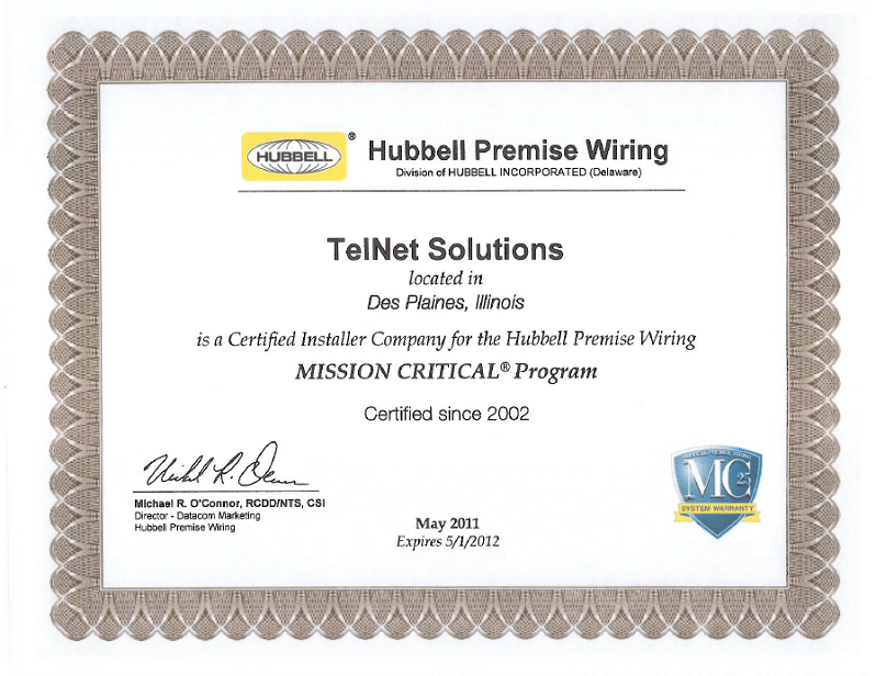 Certified Installer for Hubbell Premise Wiring